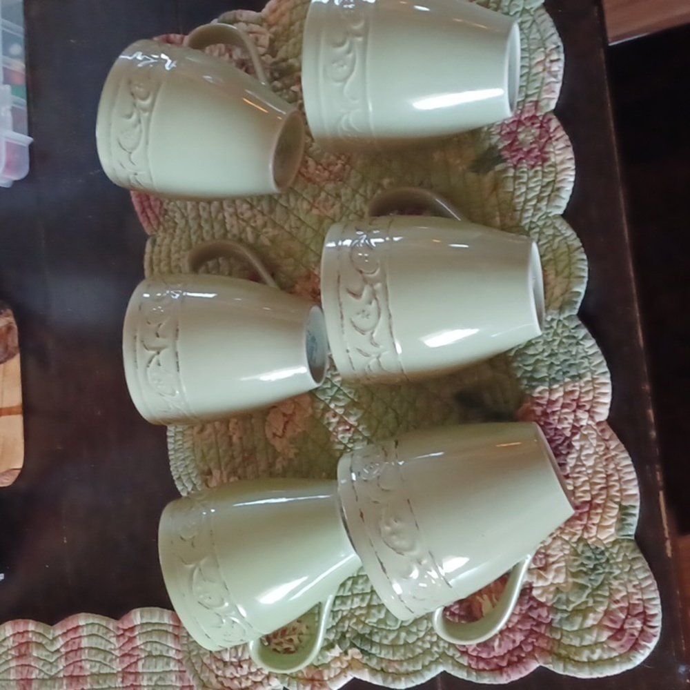 Pier 1 Imports ANTIQUE FLORAL Green Mugs Set of 6